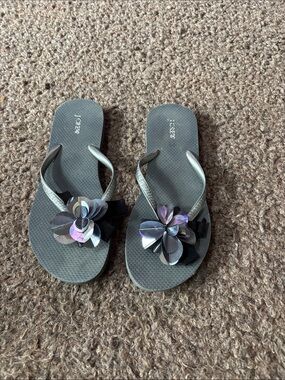 J. Crew Black Flip-Flop Sandals with Iridescent Floral Appliqués